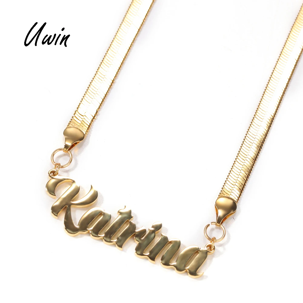 

Personalised Name Herringbone Chain Stainless Steel Necklace PVD Gold Plated Snake Chain Custom Name Jewelries, Gold plating, steel color