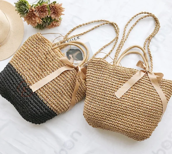 

Crocheted bag Ribbon bow straw fashion woven bag shoulder back portable dual-use straw leisure bag, Customized color