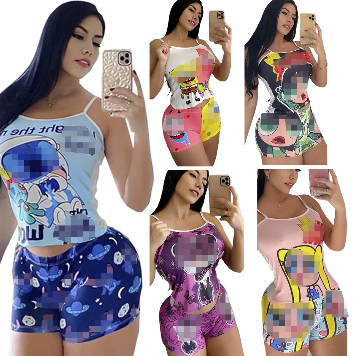

Wholesale Sexy Sleepwear Sets Cartoon Print Top and Shorts Two Piece Pyjamas Seamless Womens Pajama Shorts, Picture shows and custom you design color
