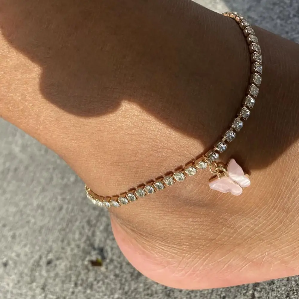 

Statement Bling Diamond Cubic Zirconia Tennis Ankle Bracelet Rhinestone Crystal Acrylic Resin Butterfly Pendant Anklet