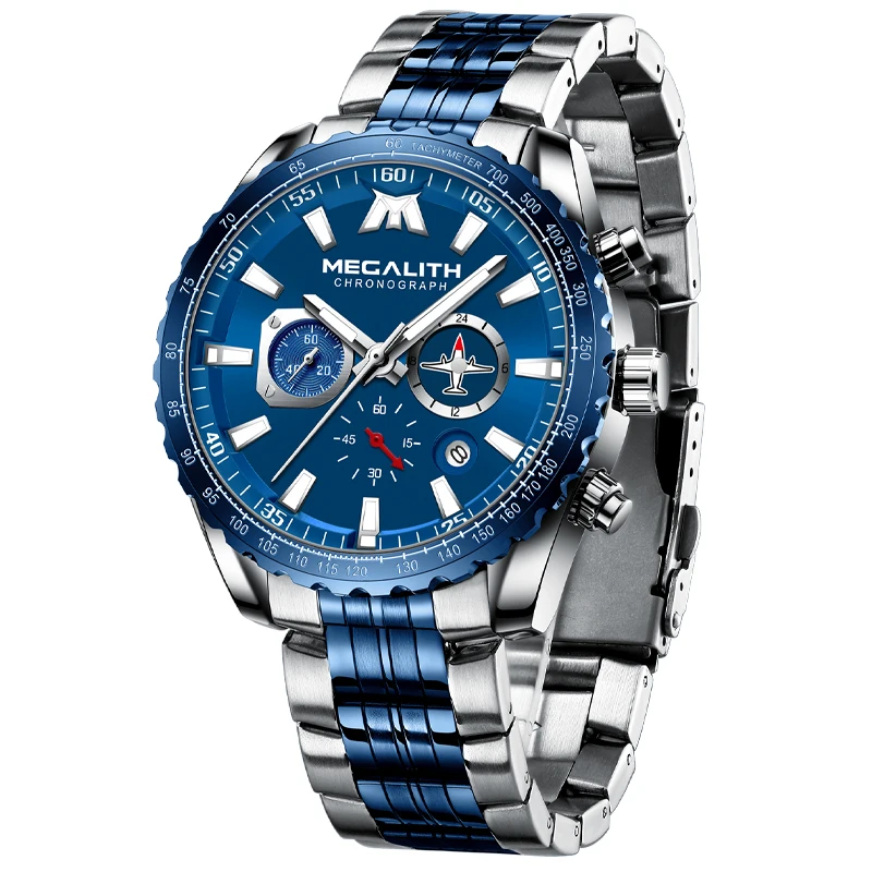 

Top Megalith Brand Hand Watch Chronograph Blue Face Stainless Steel Chain Quartz Wristwatch