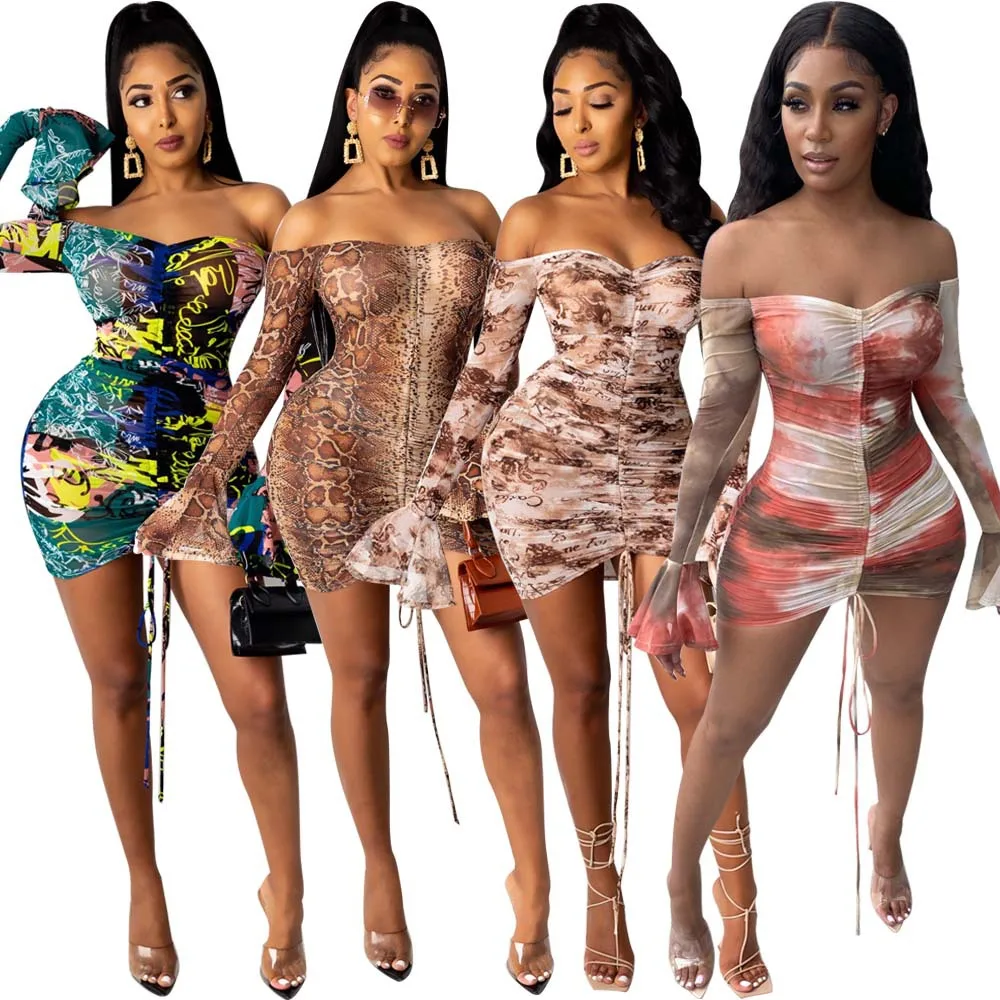 

Wholesale Sexy Bodycon Off Shoulder Butterfly Sleeve Snakeskin Full Printed Women Dress, Customized color/as show
