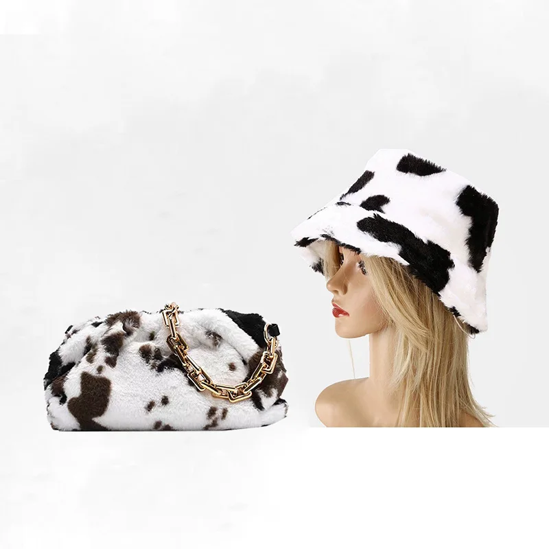 

Custom women winter plush cow print fur underarm shoulder armpit hat and handbag sets, Different colors