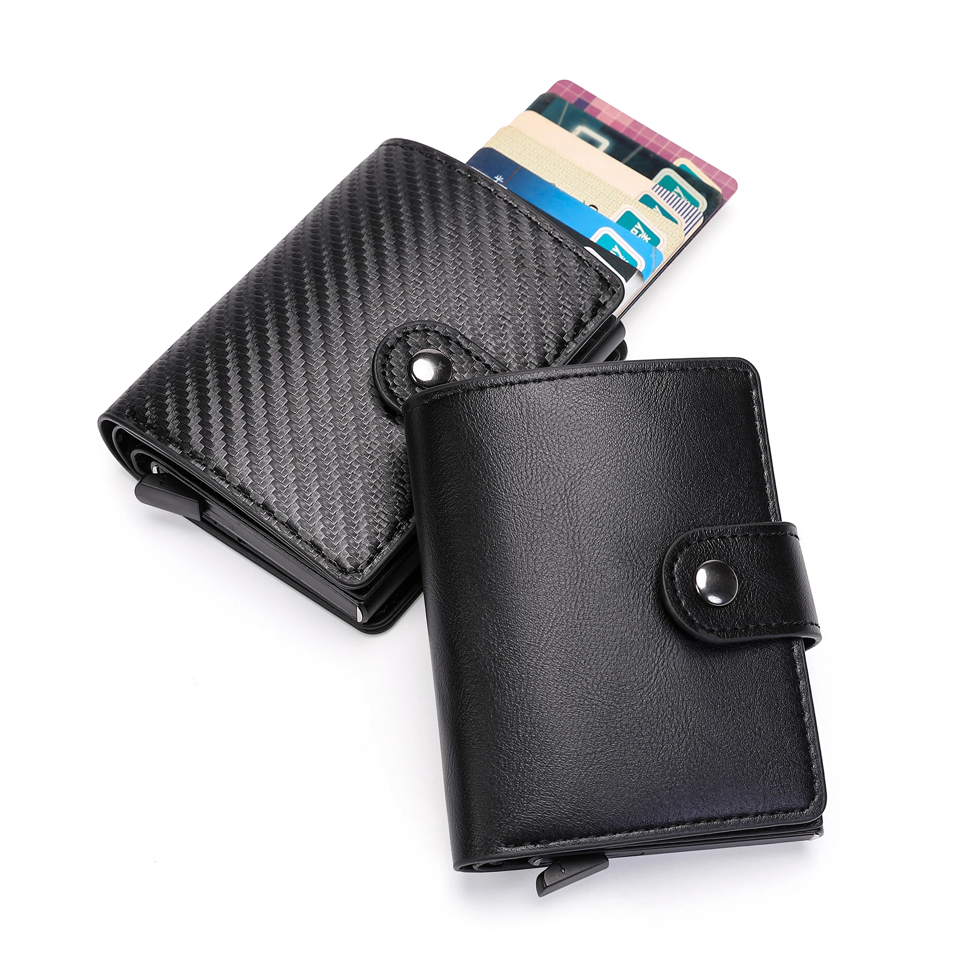 

Hot sale aluminum alloy anti-theft credit card case RFID pop-up business wallet card holder, Black, carbon fiber black