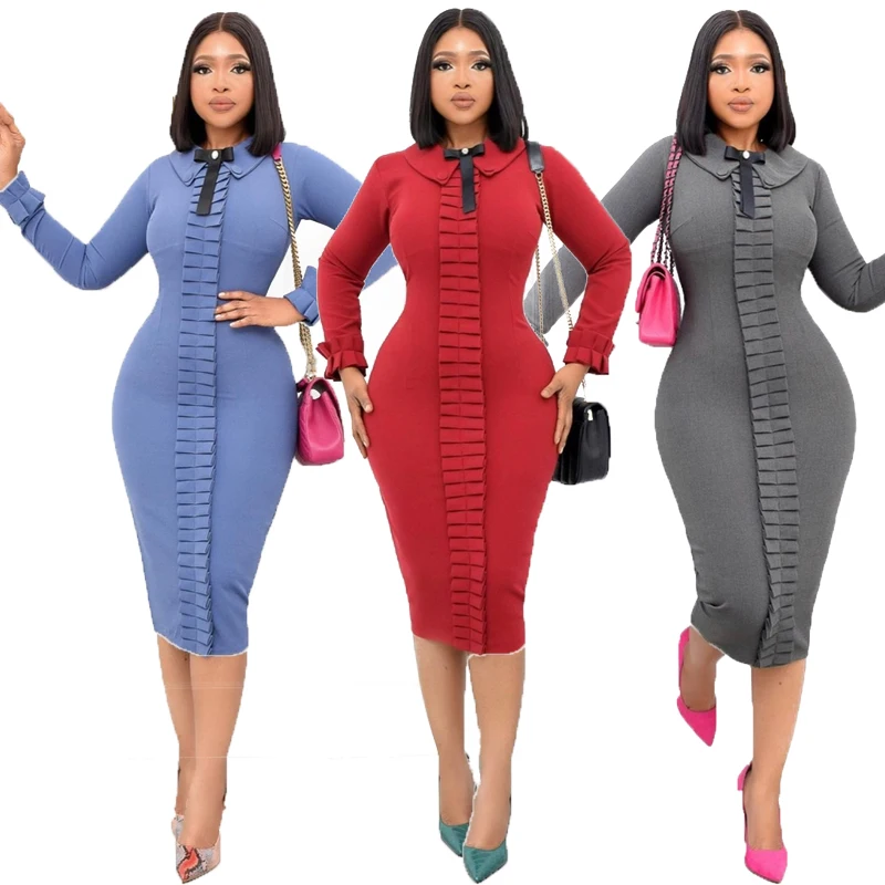 

B1201TA14 Wholesale Products Amazon Hot Sales Bow Pleated Bodycon Spring and Autumn Office Dresses