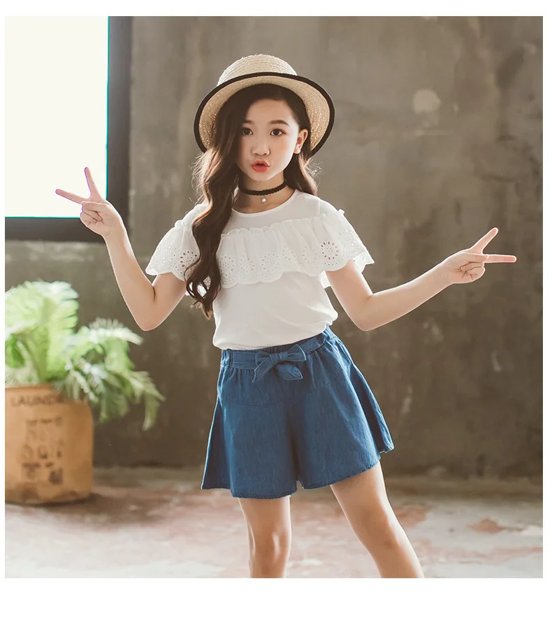 

girl's new summer Denim Shorts Set solid color top children's summer sportswear