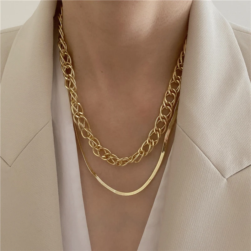 

Continuous Chain Double Layered Necklaces Thick Link Necklaces for Women Gold Plated Punk Hip Hop Snake Chain Necklaces