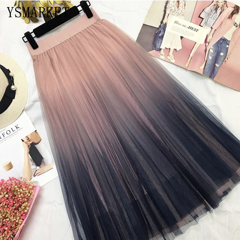 

J0505 YSMARKET Long Tulle Skirt Women Summer New Gradient Korean Elegant High Waist A-line Pleated Sun School Midi Skirt Female