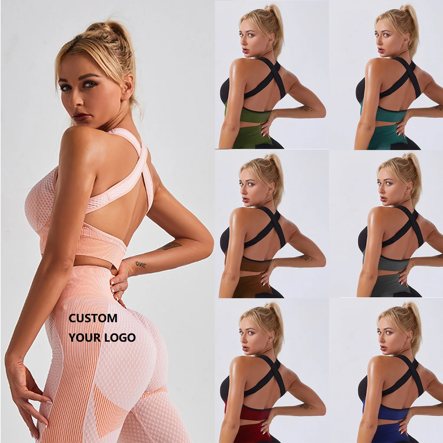 

2020 Dropshipping Custom Logo Polyester Sexy 3 Pieces Yoga Jacket Bra Leggings Fitness Wear Sportswear Active Wear For Women, Picture shows