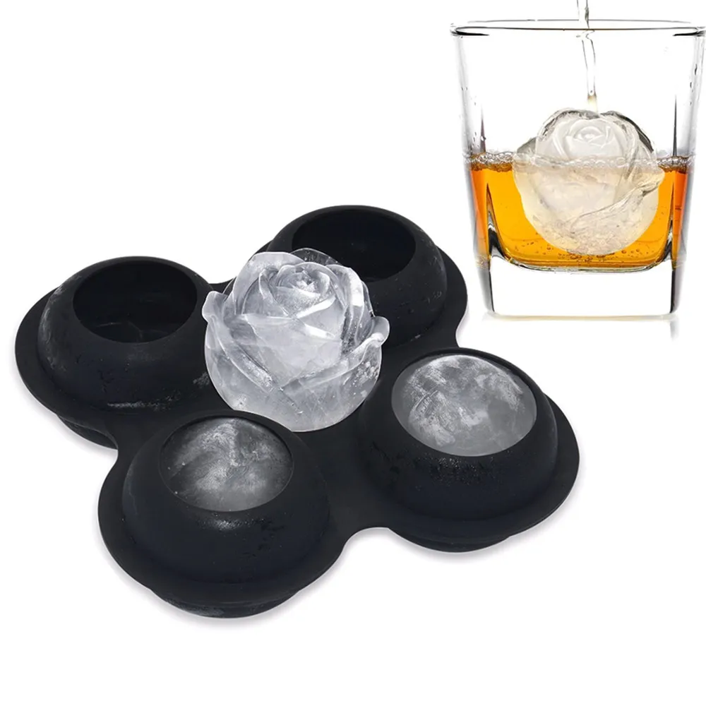 

Benhaida Easy Release 4 Cavity Whiskey Large 2.5inch Rose Ice Cube Tray Flexible Silicone Custom Ice Mold, Black (can be customized)