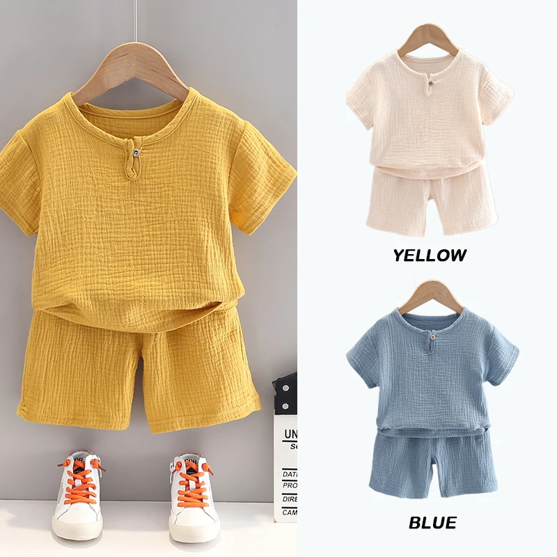 

2022 Boys Girls Cotton Woven Gauze Short Sleeves and Shorts 2 Piece Sets Sweat Absorbent Breathable Pajamas Homewear Clothes for