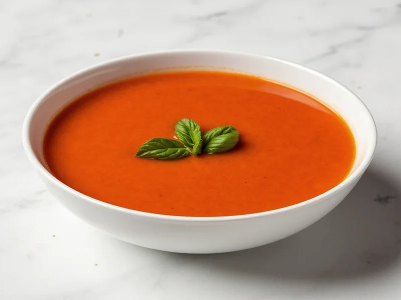 Simple tomato soup in white bowl with basil garnish