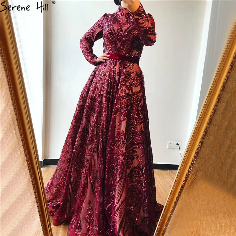 

Elegant Muslim Wine Red Beaded High Neck A Line Evening Dresses 2021 Serene Hill LA70530 Long Party Gowns For Women Plus Size