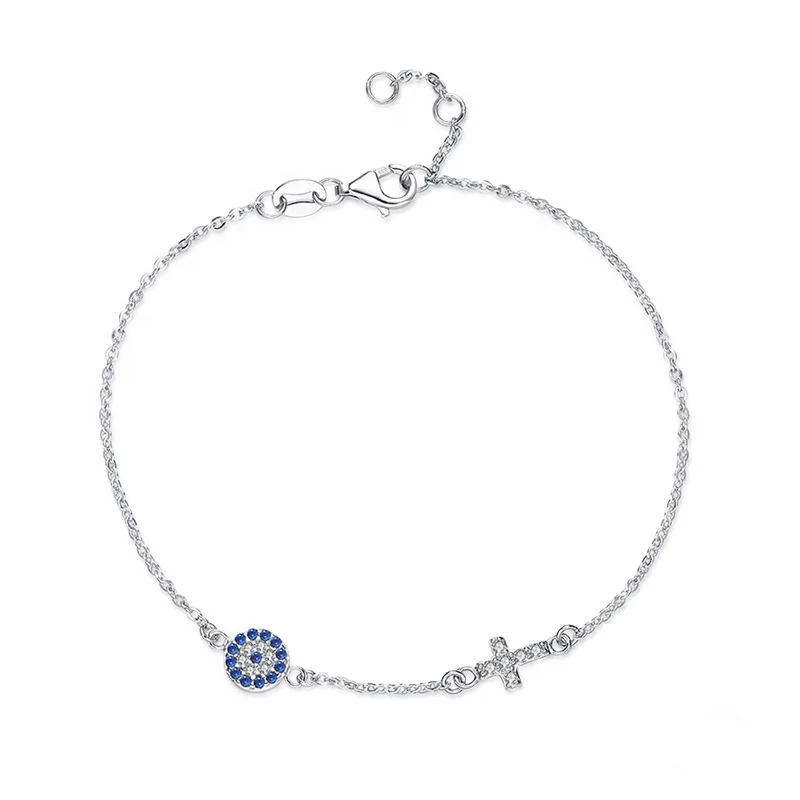

925 Sterling Silver Blue Evil Eyes Bracelet for Women Cross Link Bracelet with AAA Cubic Zirconia Chain Adjustable