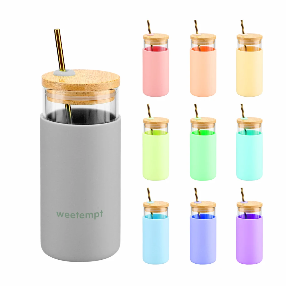 

Amazon Top Seller Customize Logo 550ml Silicone Sleeve Single Wall Glass Coffee Mugs Cups Water Bottle with Bamboo lid and Straw, Customized color