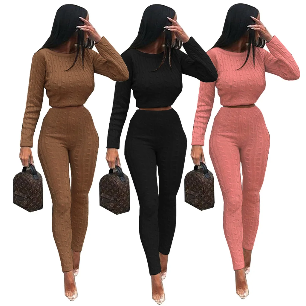 

Casual Fashion Autumn Winter Solid Color Long Sleeve Elastic Sweater Tops+pants 2 Two Piece Set Fall Clothing for Women 1 Piece, Picture