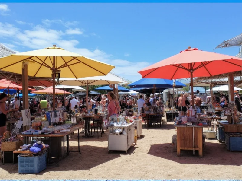 Local craft festival with handmade items under beach umbrellas