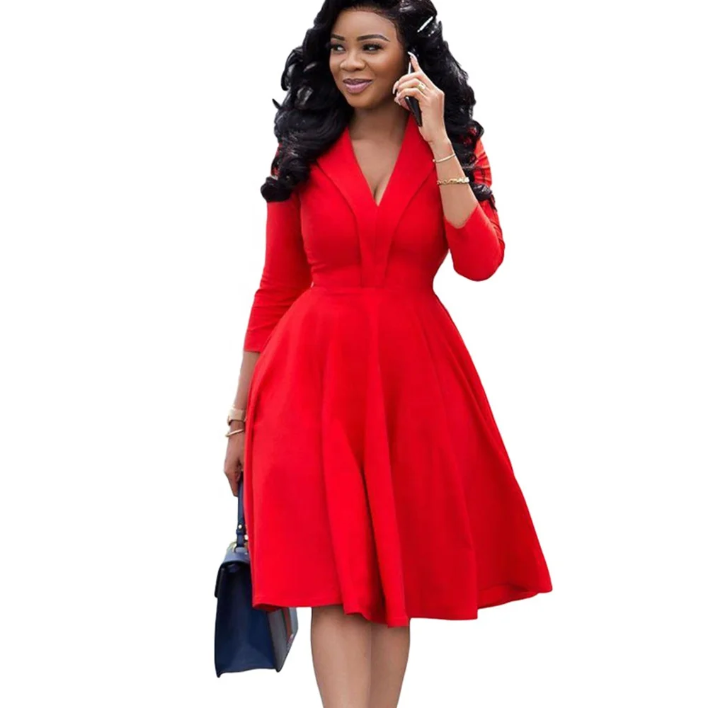 

Women Solid Color V Neck 3/4 Long Sleeve OL Style Lady Elegant Casual Club Party Dresses for Office