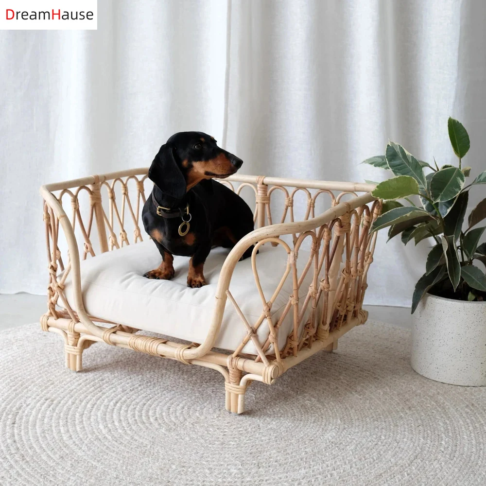 

Dreamhause Hand-woven rattan pet bed, dog sofa chair, cat princess crib, four seasons general cushion, removable and washable