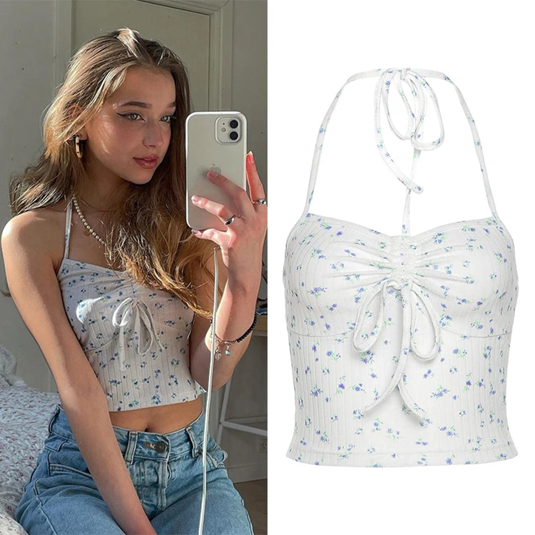 

Summer Newest Design 2021 Ropa Mujer Ruched Bow Bandage Floral Halter Camisole Open Shoulder Skinny Sexy White Crop Tank Tops