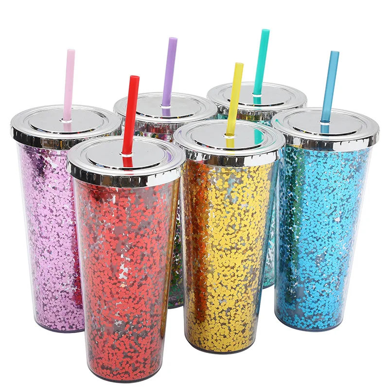 

tumblers wholesale bulk 24Oz double wall coffee cup with sequins plastic colorful snow globe skinny tumbler with lid and straw