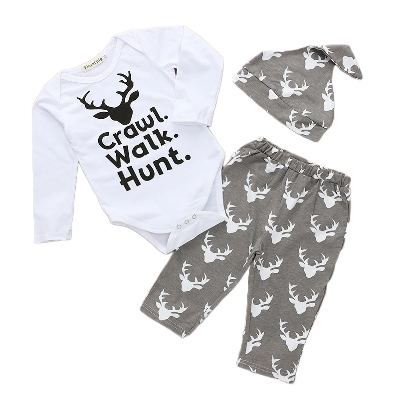 

2020 new model letter romper pant hat three pieces newborn children infant kids toddlers baby clothing set cotton