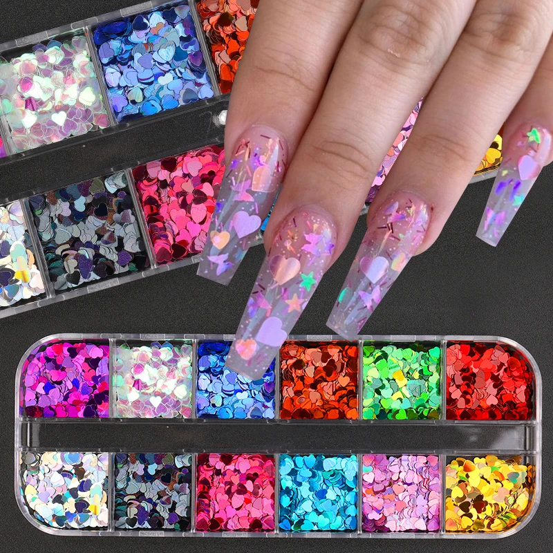 

12 Grids/Set Holographics Glitter 3D Love Sequins Decoration Design Sticker Nail Art DIY Accessories