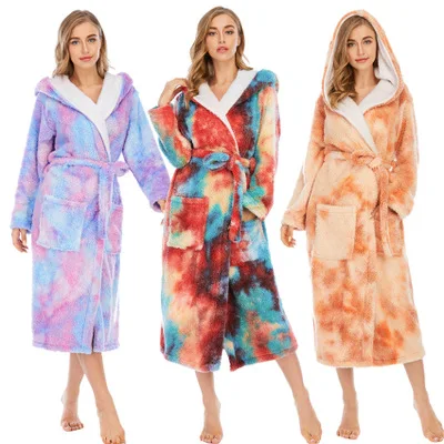 

Plus Size Winter Luxury Warm Long Flannel Pyjamas Women Thick Tie Dye Night Bath Robes Home Clothes, 4colors