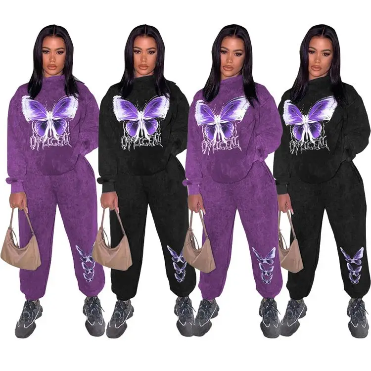 

Fitness Joggers Women Clothing Vendor Wholesale Sweat Suits Pull Over Butterfly 2 Piece Outfit Women Cotton Sweat Suit Joggers