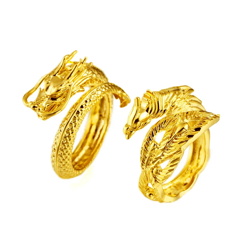 Vietnam Alluvial Gold Dragon Phoenix Couples Wedding Rings Adjustable Jewelry Wholesale Open Women Men's Ring