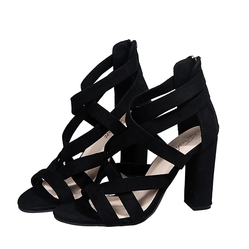 

S0023B China Supplier Round Toe Suede Upper Black Green Women's Sandals With Thick Heels