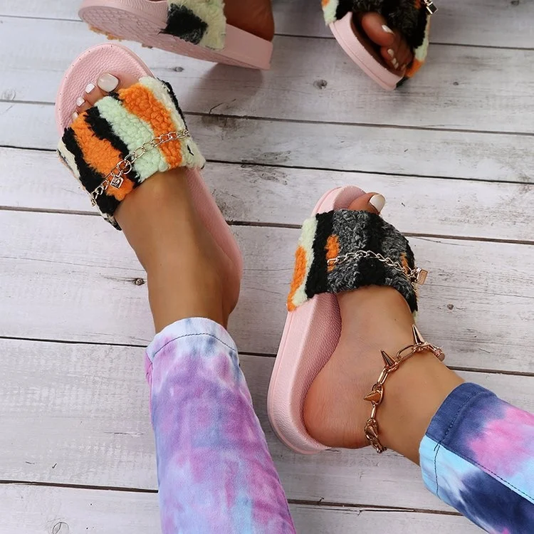 

Ladies Winter Flip Flops Slide Open Toe Slippers For Women Furry Slippers, Black,pink