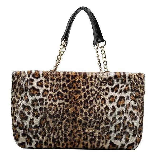 

New Fashion Custom Winter Leopard Print Plush Women Large Plain Tote Bags Designer Purse And Handbags For Women, Customizable