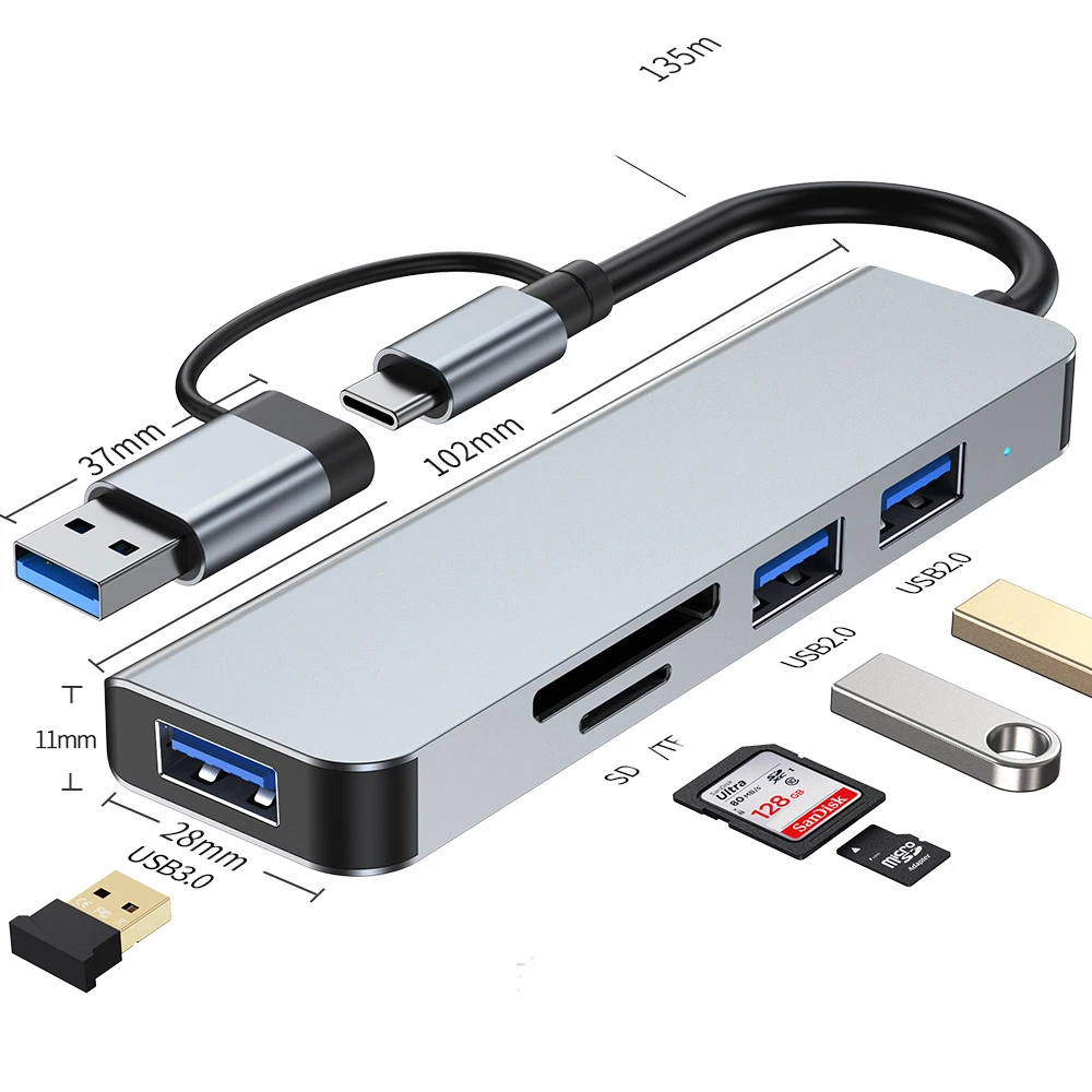 

Multiport 5 in 2 usb c adapter hub USB-A to USB3.0+2.0*2+SD+TF Splitter docking station laptop charging hub