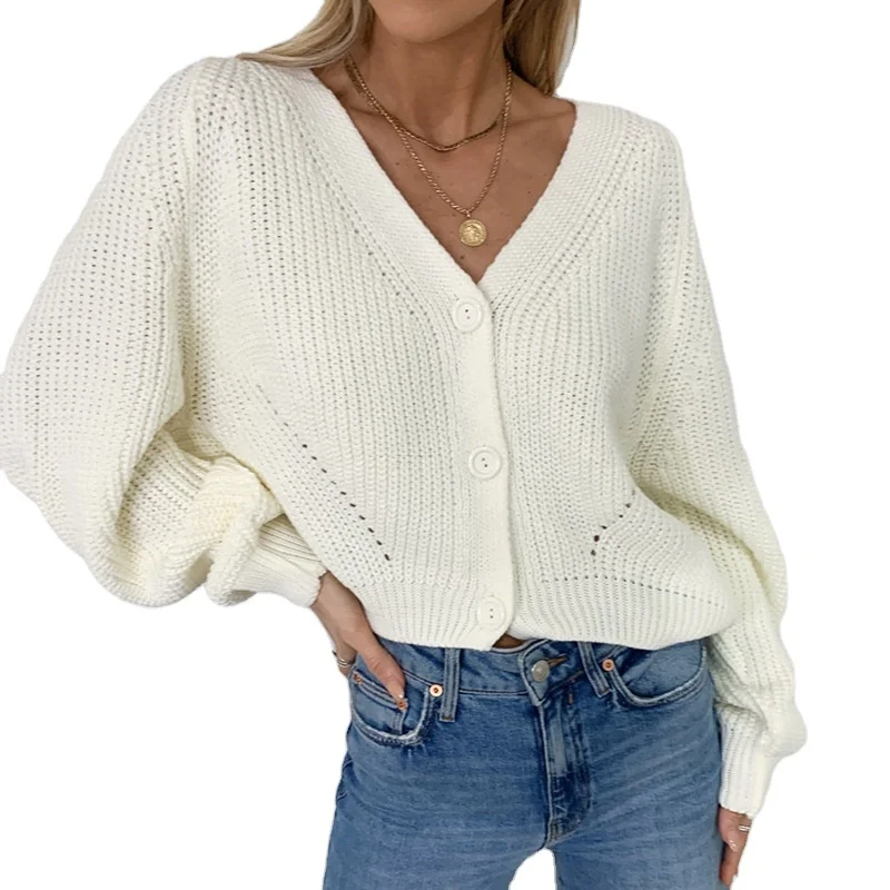 

Hot selling Sweaters For Women Cardigan 2021 New Cardigan Solid Color v-neck Lantern Sleeve Button Knitted Cardigan, Picture