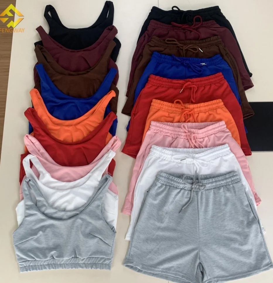 

Summer 2021 custom logo cheap biker pocket shorts 2 piece set women short pants two piece short sets, 15color