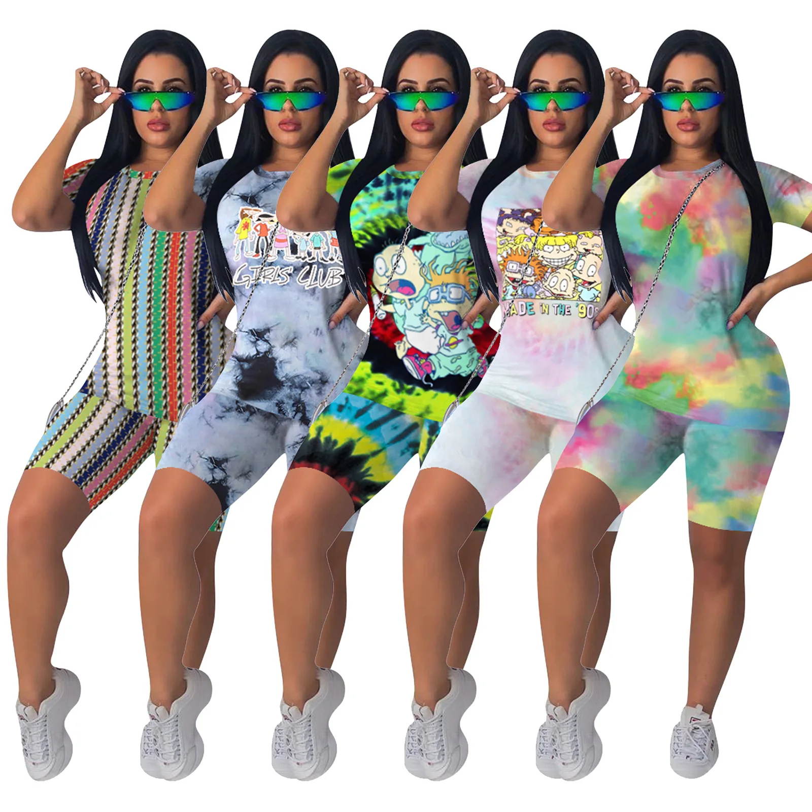 

2021 Summer two piece set women clothing summer sport cartoon print jogger short sets for women, As picture
