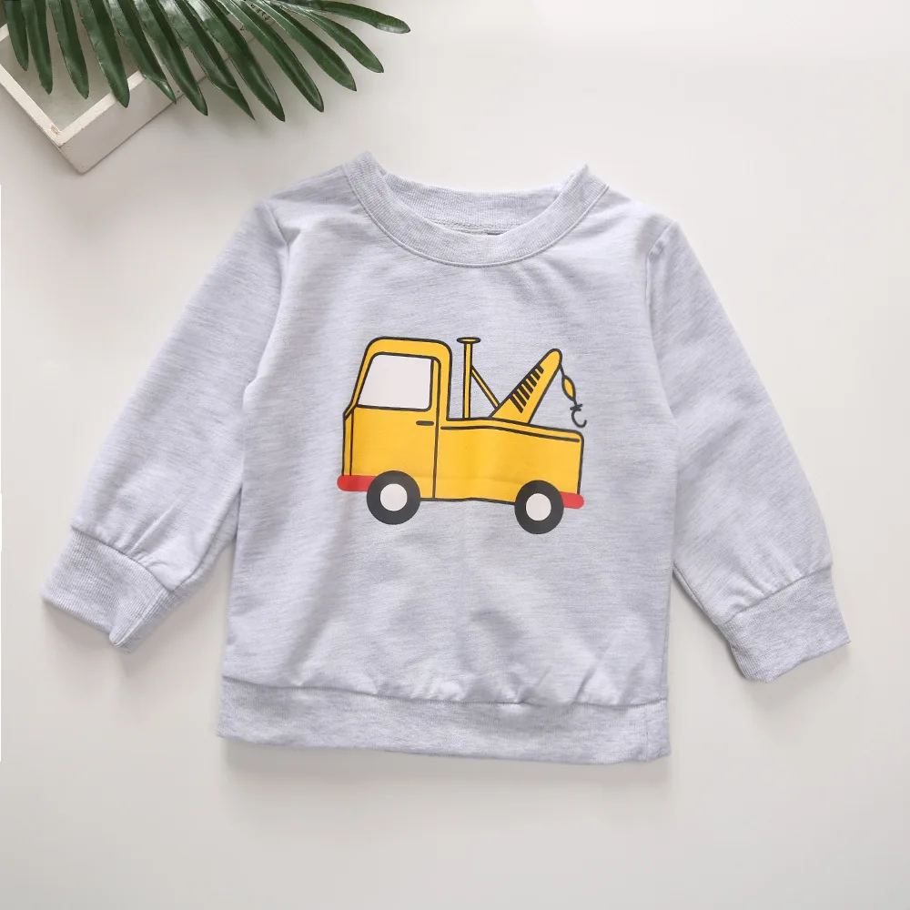 

Wholesale Autumn Cotton Cartoon Print Round Collar Long Sleeve Gray Tops