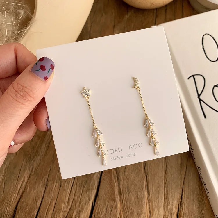 

Asymmetric Earrings Crystal Tassel Earrings Moon Star Long Drop Earrings Jewelry Cheap Wholesale, Gold