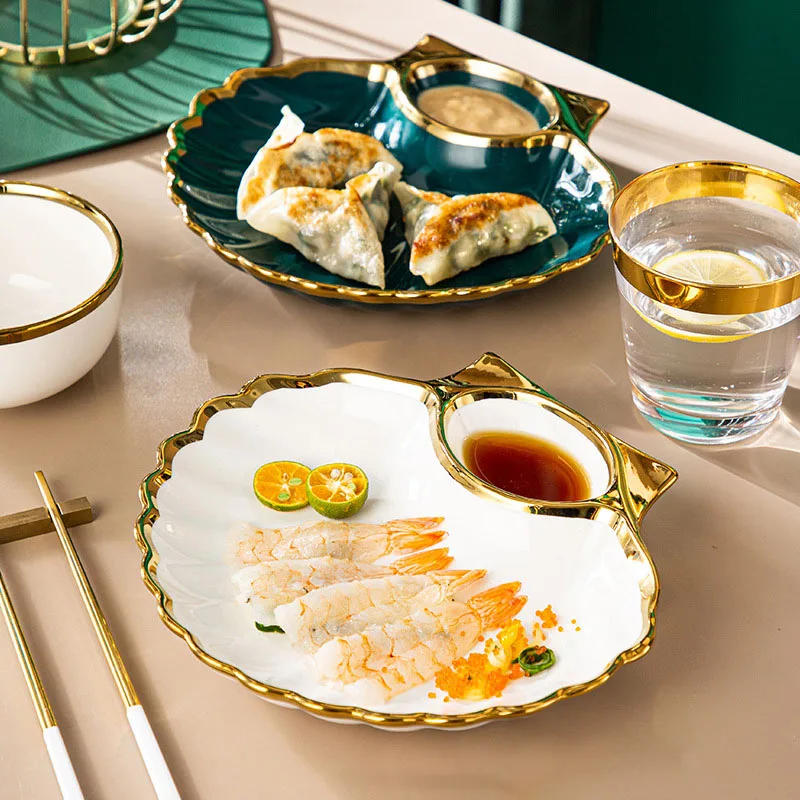 

Seasoning Dish Set Bowl Chopsticks Plate Gilded Ceramic Dumpling Dessert Breakfast Fries Plate wholesale, Green, white