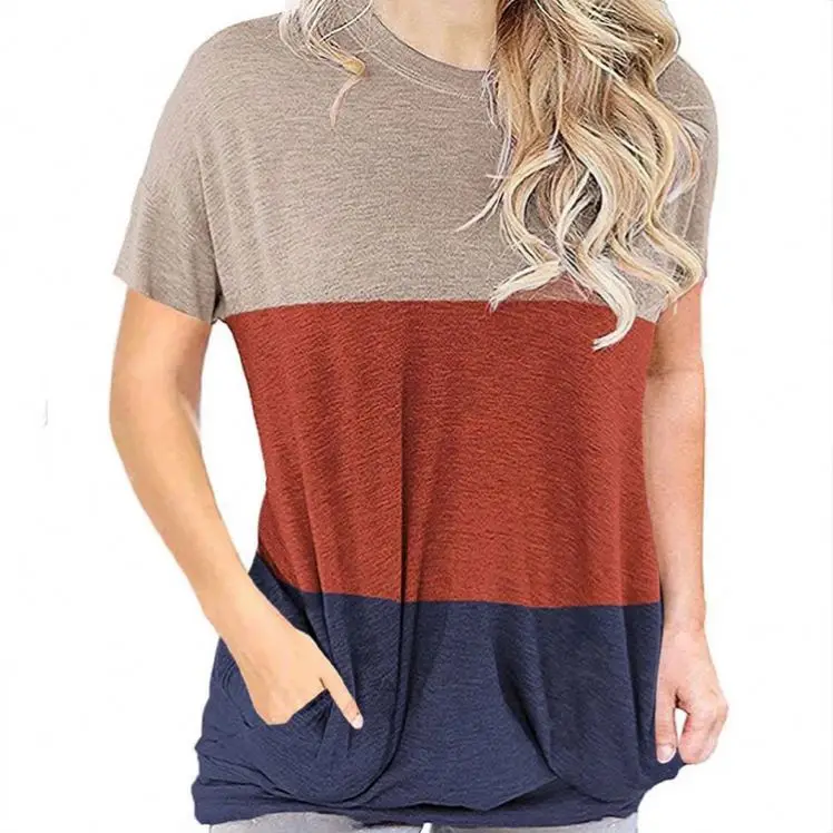 

PEARL 2021 Summer Short Sleeve Block Color Casual Sport Women's Top Women Blouse Ladies T-Shirt