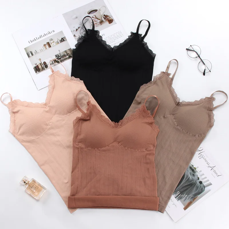 

Women Lace V Neck Underwear Padded Cup Vest Warm Underwear Tops Sleevless Camisoles, 4 colors