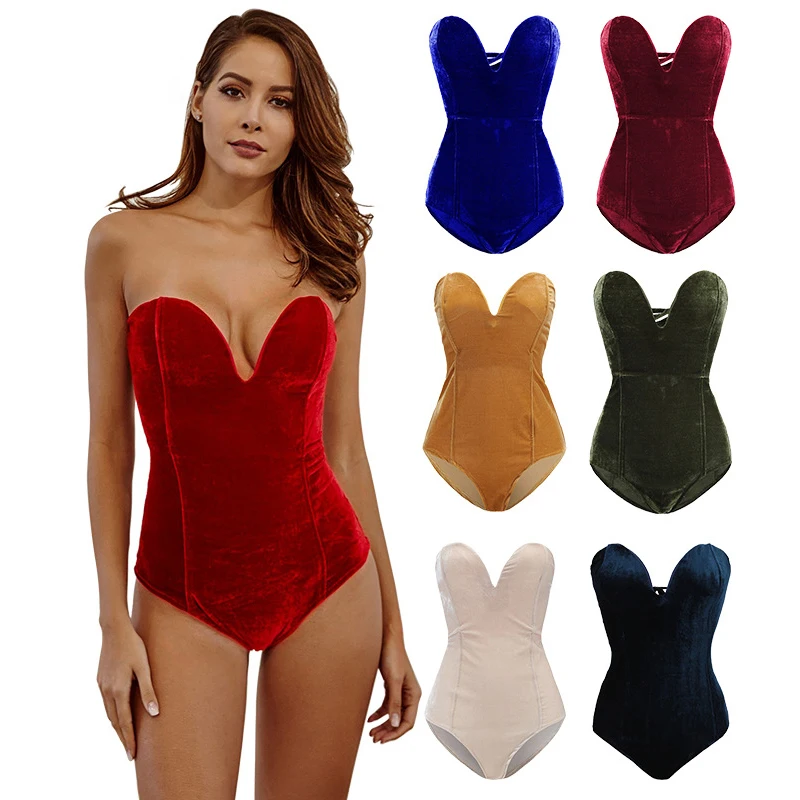 

Fashion Casual Women Backless V Neck Bodycon Sleeveless Strapless Velvet Bodysuit, All available