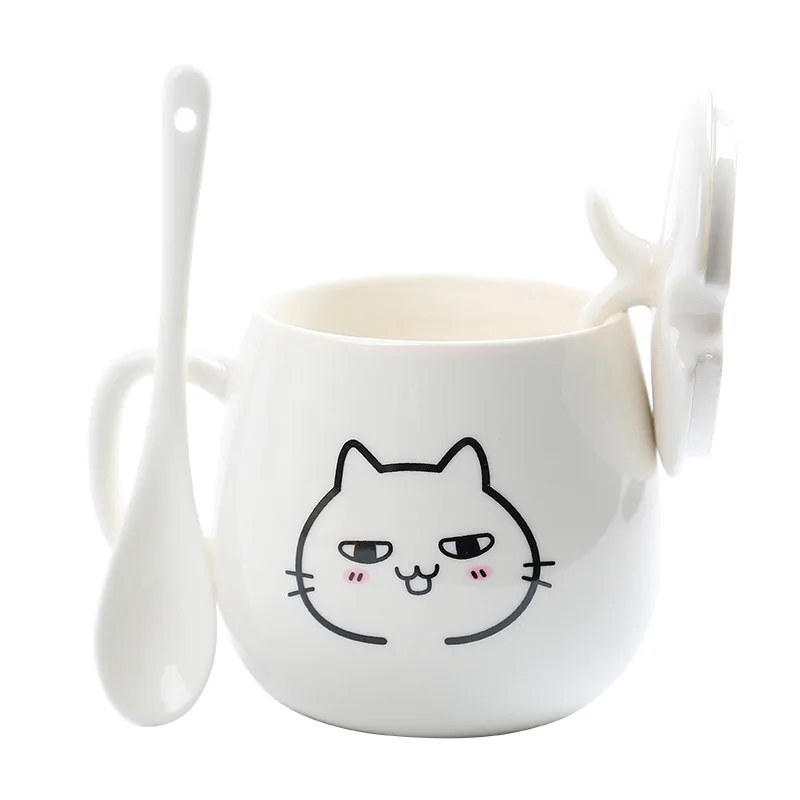 

11ozCustomizable LOGO creative cute expression ceramic Mugs with lid and spoon coffee cup