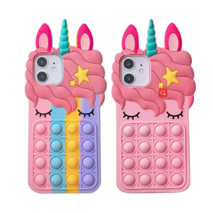 

2021 mobile phone case silicone soft push bubble fidget toys phone unicorn cover for iphone 6/7/8/x/xs/xr/11/12 pro max, 2 colors