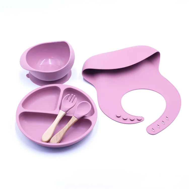

Silicone children feeding tableware set baby silicone bib bowl spoon fork baby suction bowl