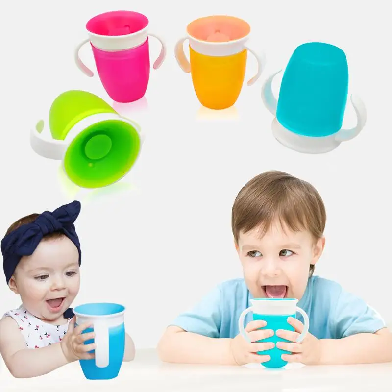 

360 Degrees Leakproof Magic Kids Water Learning Drinking Plastic Cup Feeding Bottle Rotated Baby With Double Handle Flip Lid