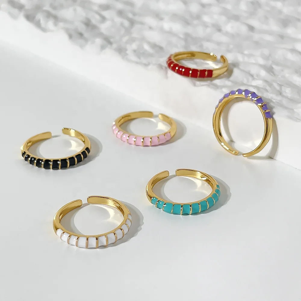 

R0283 multi color enamel bamboo rings gold plated minimalist dainty open ring women vintage jewelry resizable