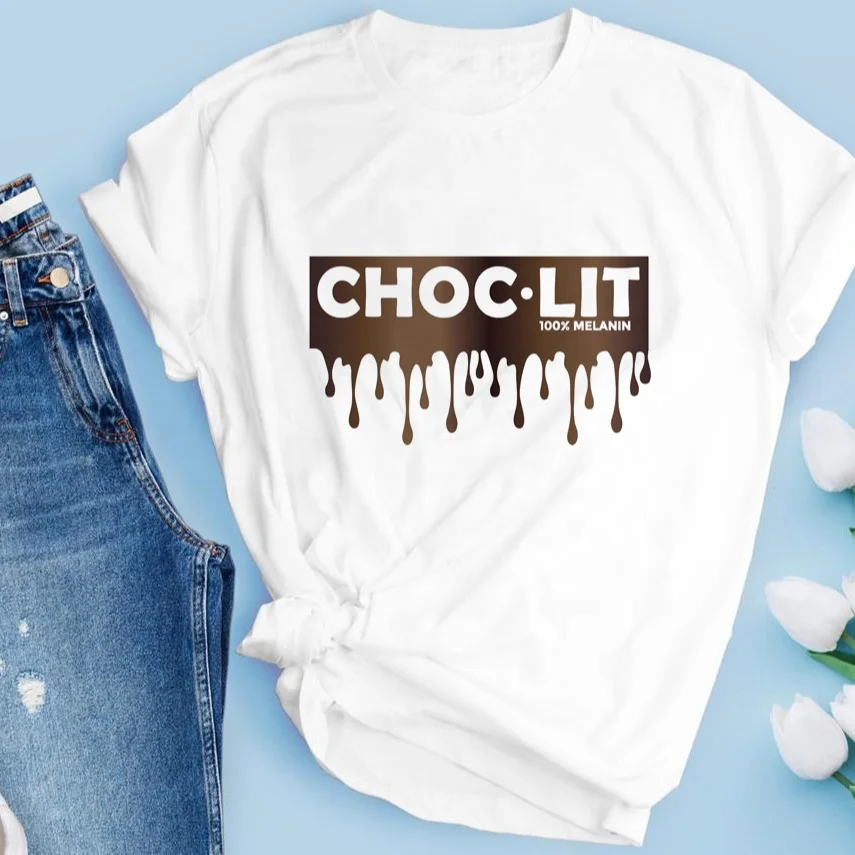 

2021 Wholesale Choc Lit Black Beauty Printing T-shirt Graphic Cotton Oversized Custom Logo Women Tshirt, Black white gray dark blue red