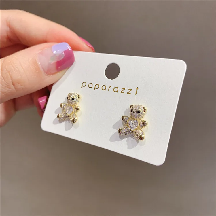 

Fashion Real Gold Plated Crystal Heart Stud Cute Bear 18k Earrings